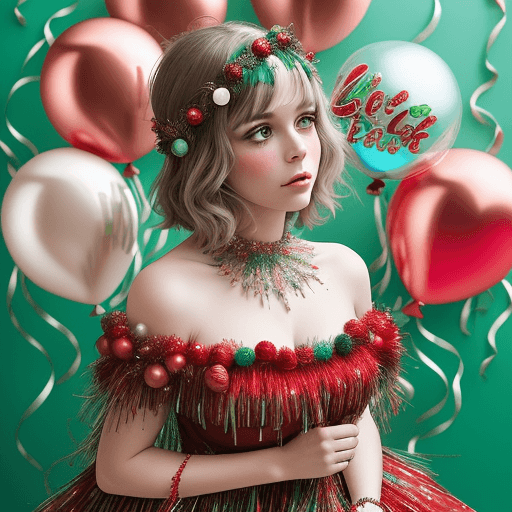 AI generated: A woman in a dress made of garlands, tinsel, and balloons, creating a festive and whimsical look.