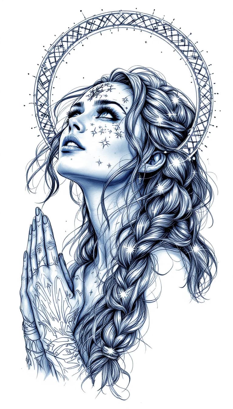AI generated: A meticulously detailed drawing of a celestial warrior woman with a braided halo of hair, wearing st...