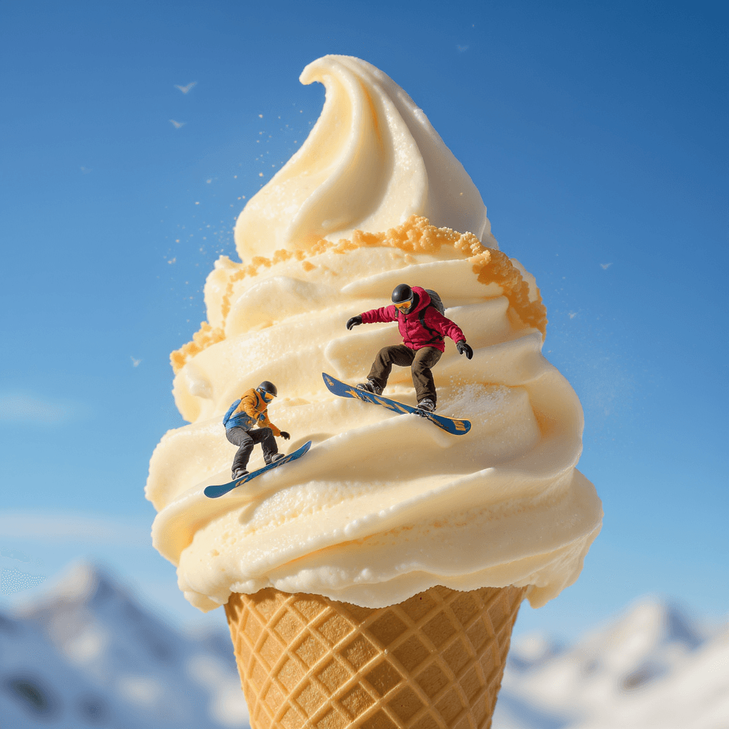 AI generated: A cone of huge-mountain ice cream with two miniature micro snowboarders on it, with the one in front...