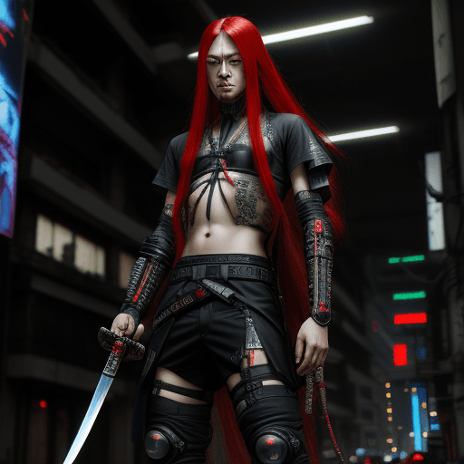 AI generated: Cyberpunk, red long hair chinesse male holding a mono katana