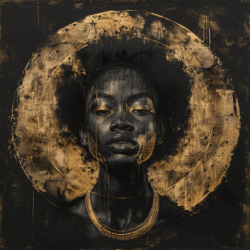 AI generated: A portrait of an African woman, painted in black and gold tones on dark background, surrounded by ci...