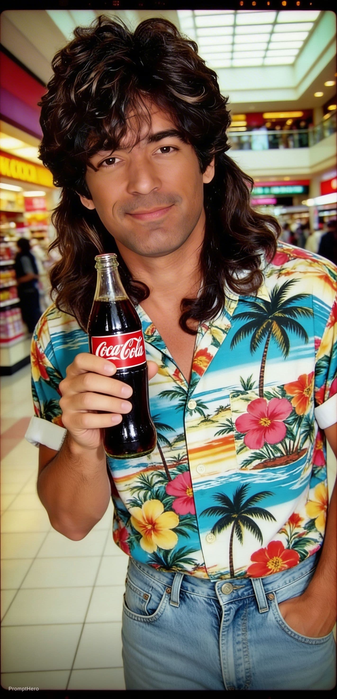 AI generated: Have this guy standing in a mall, holding a cold bottle of Coca Cola and wearing a nice 80’s style H...