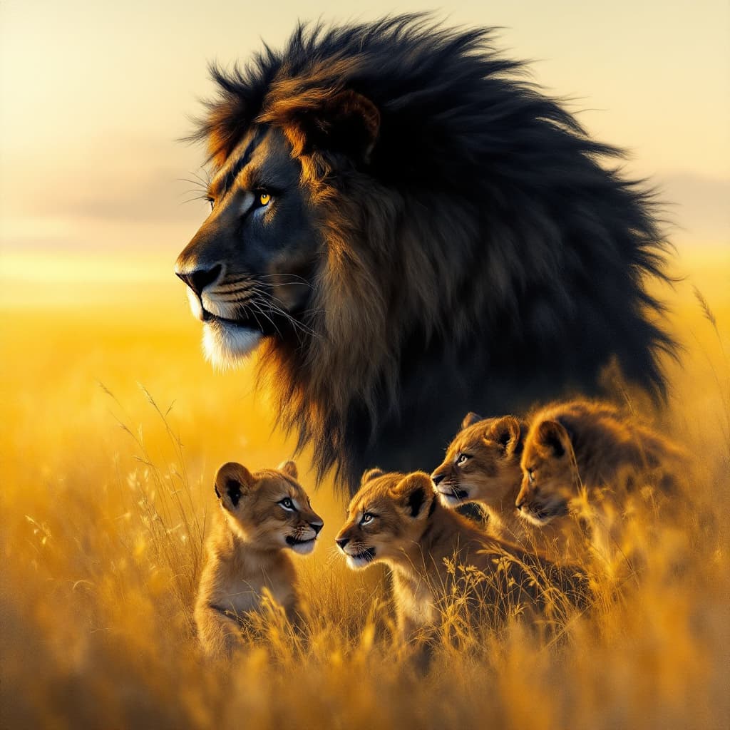 AI generated: An awe-inspiring oil painting that captures the majestic power and gentle protection of a black lion...