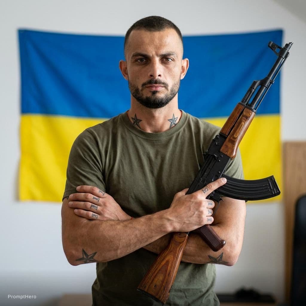 AI generated: Arms crossed in front of him, tattoos on his fingers and Russian thieves' stars to understand, With ...