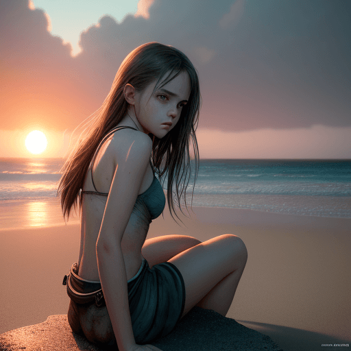 AI generated: Photo girl sitting sweet beachside ultra realistic screen, dramatic light, pale sunrise, cinematic l...