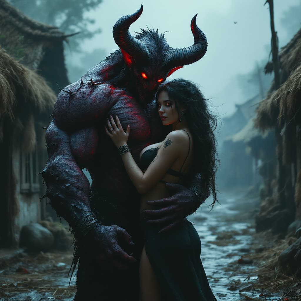 AI generated: A dark fantasy scene in an ancient village with straw huts. A terrifying, muscular demon with red ey...