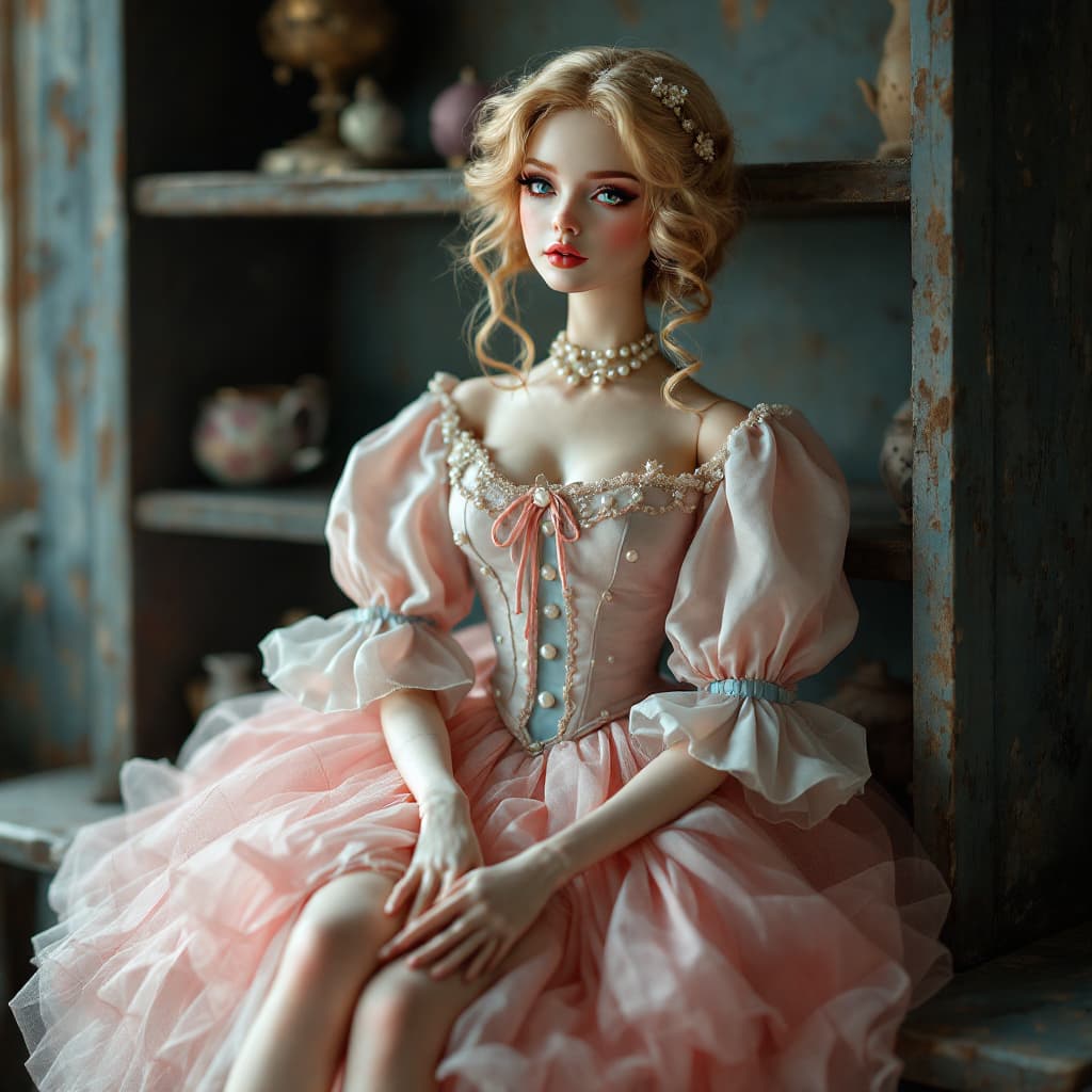 AI generated: a doll that looks like a woman sits on a dusty shelf in an attic in a wistful pose, the doll is porc...