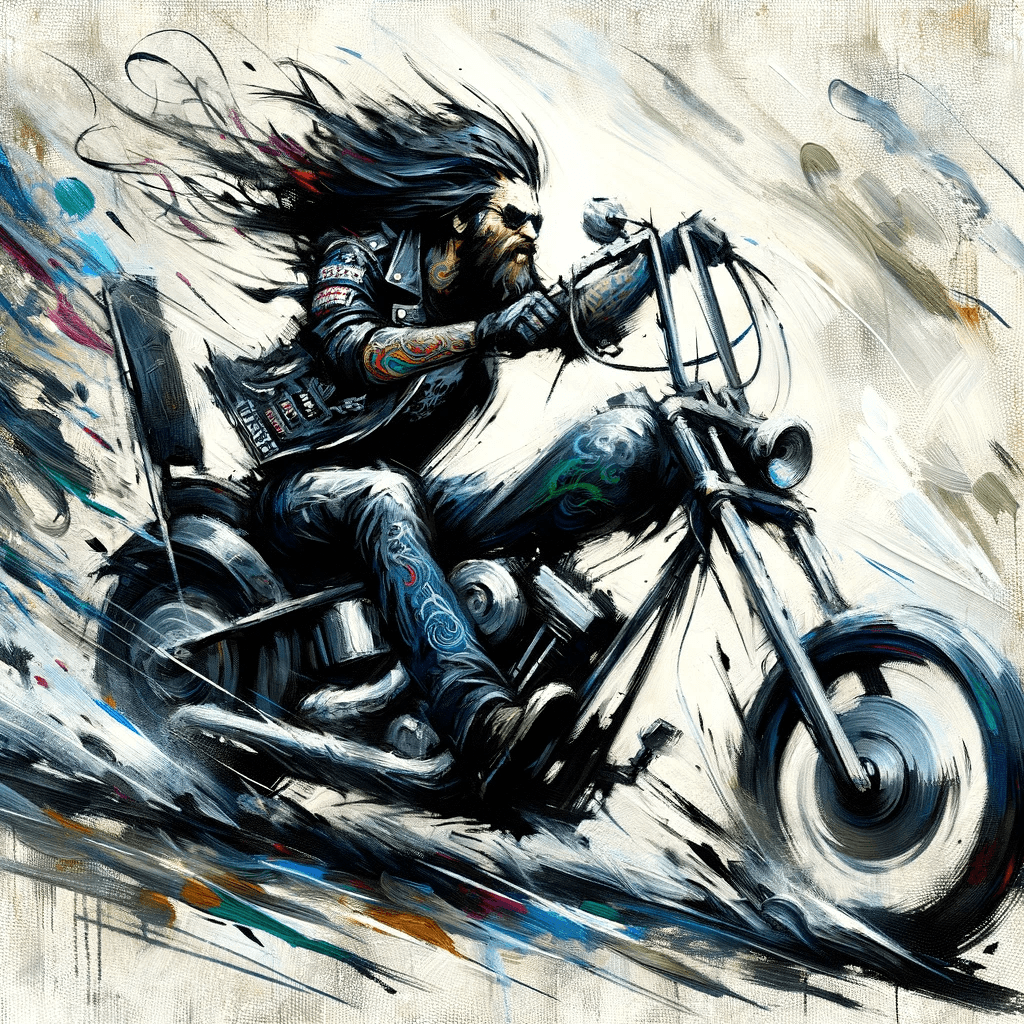 AI generated: An action painting of a heavy metal guy, tattoos peeking from under his leather jacket, speeding on ...