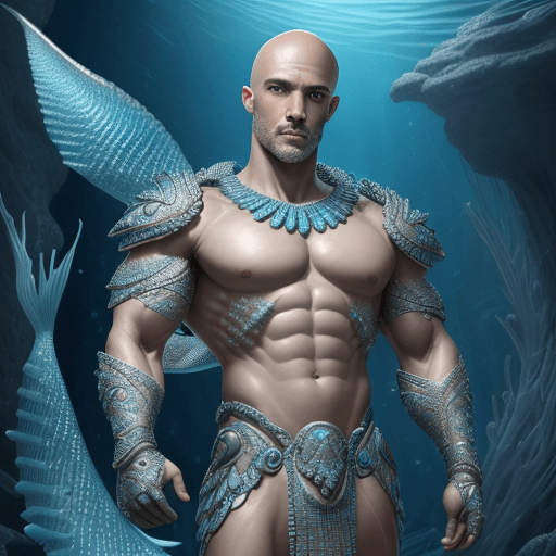 AI generated: ((extreme detail)),(ultra-detailed), Male, Atlantis mythology, bald, light blue skin, gills, full bo...