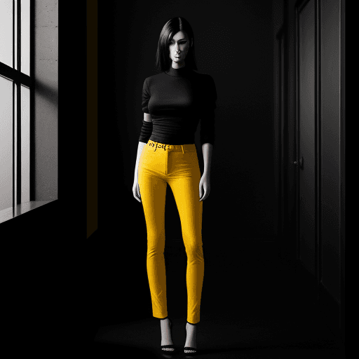 AI generated: The image features a woman wearing a black shirt and yellow pants, standing in a room for fashion ma...