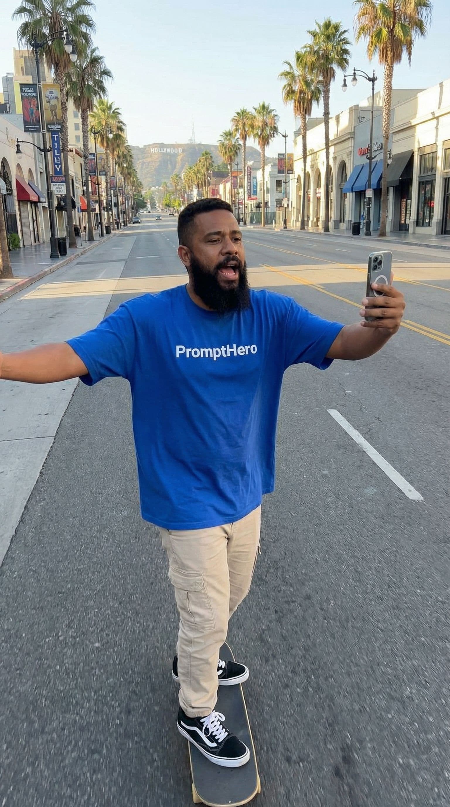 AI generated: realistic selfie shot of a longbearded young thin man wearing a blue oversiced tshirt with the text ...