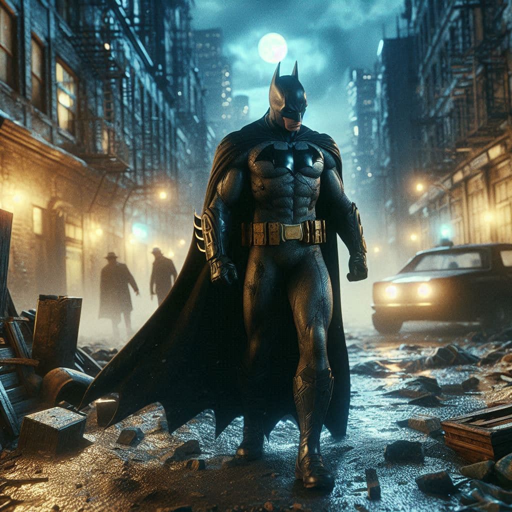 AI generated: Batman walking through a rough part of town at night, masterpeice quality