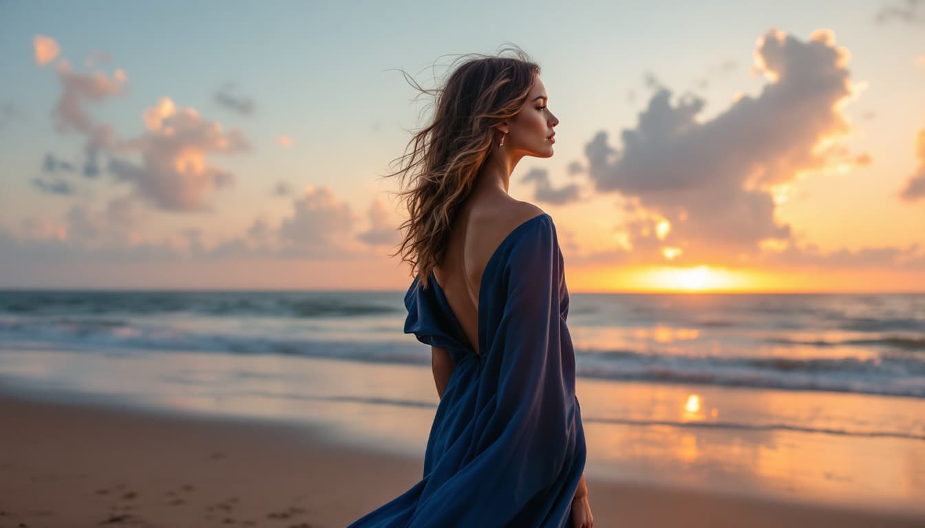 AI generated: Estilo tipo inspirador. Paisaje: playa al atardecer. Una mujer con un vestido largo y elegante, con ...