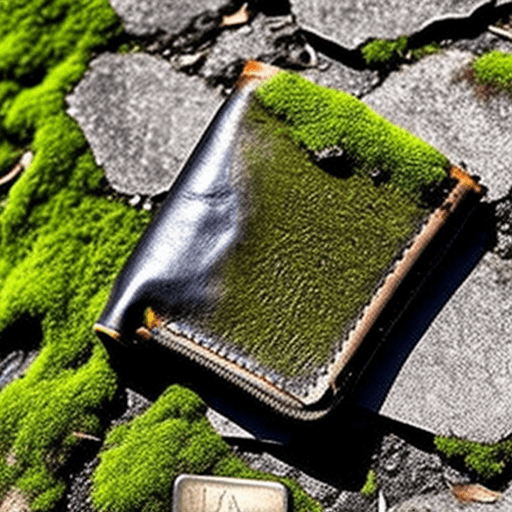 AI generated: an abandoned leather wallet on a mossy pavement crack. Style: goth