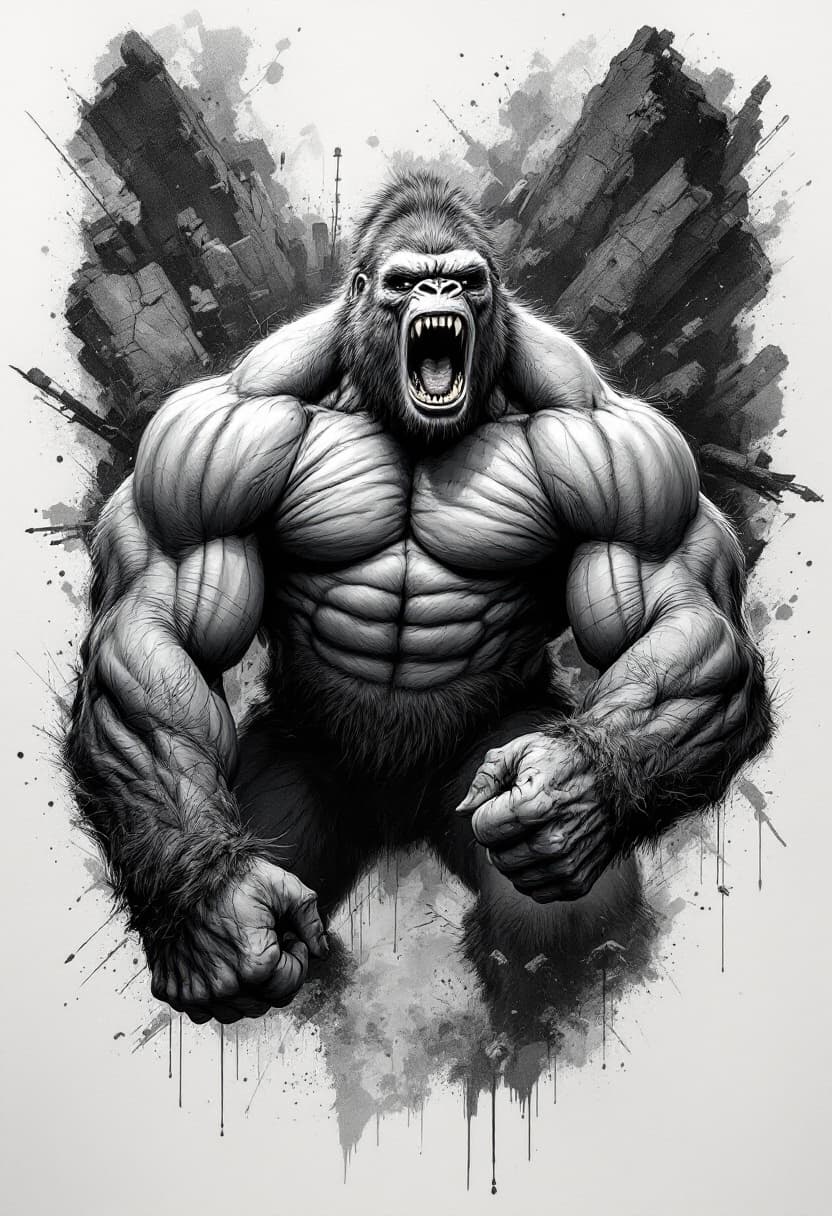 AI generated: Artwork designed by AI, realistic details, sharp, full body image, King Kong shouting, bodybuilder f...