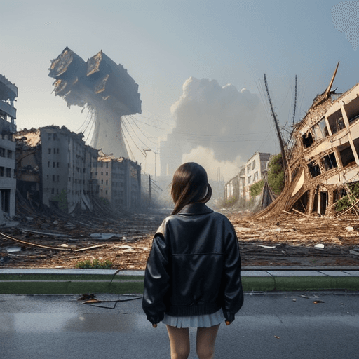 AI generated: A girl, wearing jacket, seeing the destroyed city, wide view, full scenario view from long distance,...