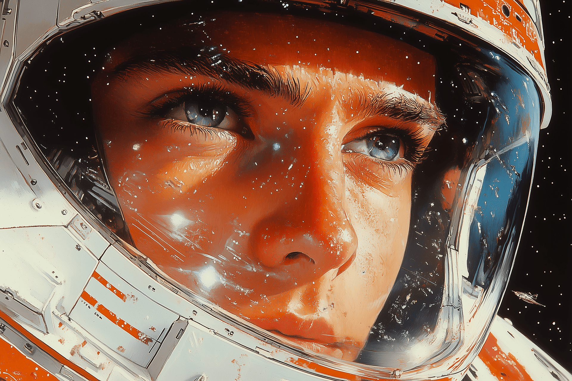 AI generated: 70s sci-fi fantasy magazine art illustration of an astronaut looking out the window from his spacesh...