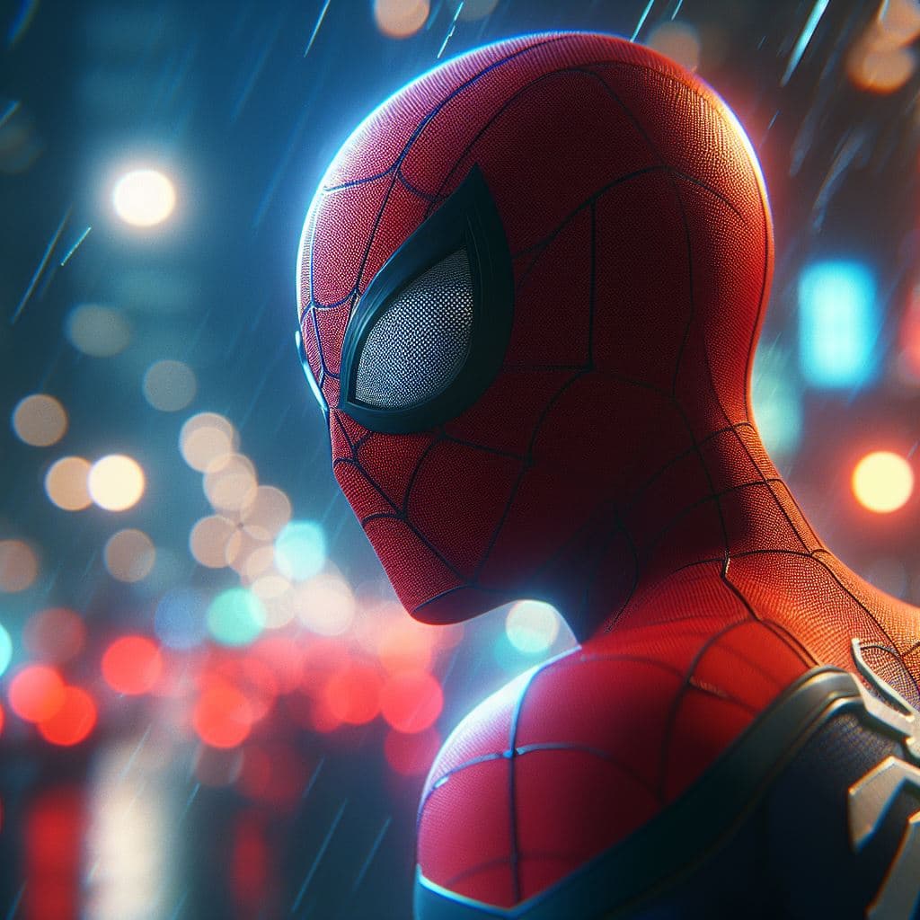 AI generated: Portrait of Spider-Man Miles Morales::2 Photorealism, Bokeh blur, High detail::1. 5 + Sony Alpha α7,...