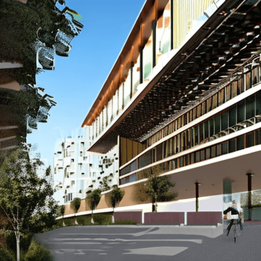 AI generated: ((A commercial center)),*curve point concept ,have four entrance steps, view to the forest, next to ...