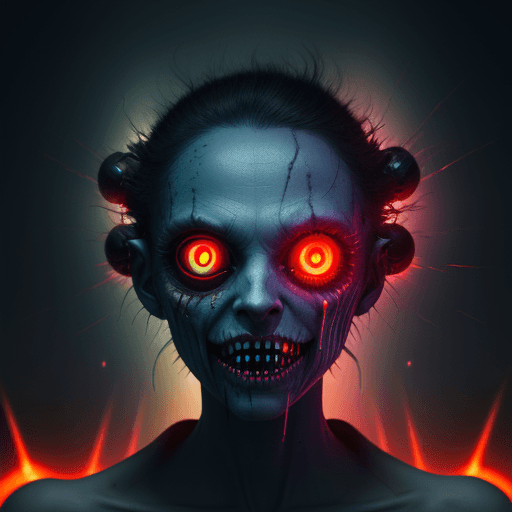 AI generated: electric festival by beeple i undead creature eyes and teeth with glowing eyes and burning face by D...