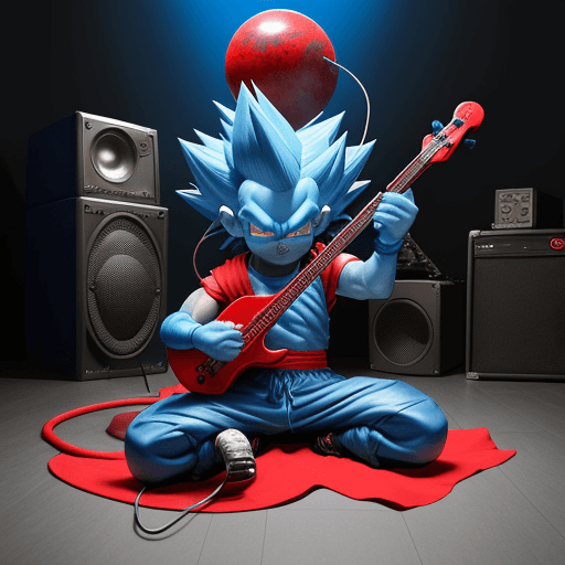 AI generated: super blue sayayin with red bass in hand and dragon sphere microphone on the floor