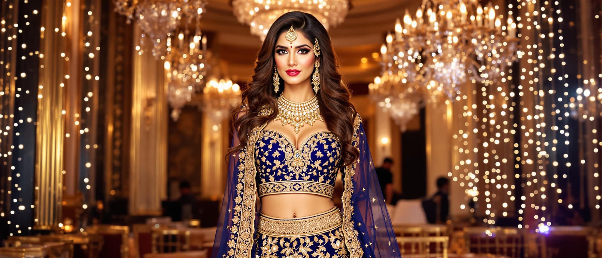 AI generated: A woman in a glamorous, sparkling lehenga choli in royal blue and gold. The lehenga is adorned with ...