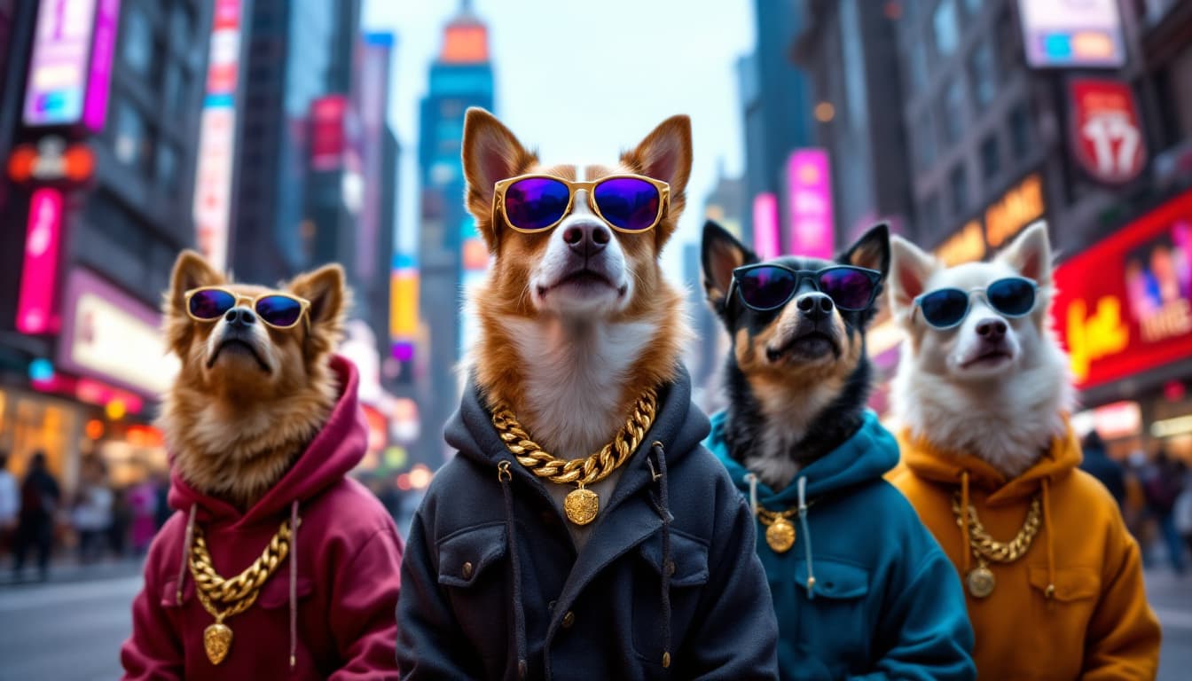 AI generated: A group of sleek, fashionable dogs in trendy sunglasses, oversized hoodies and glittering gold chain...
