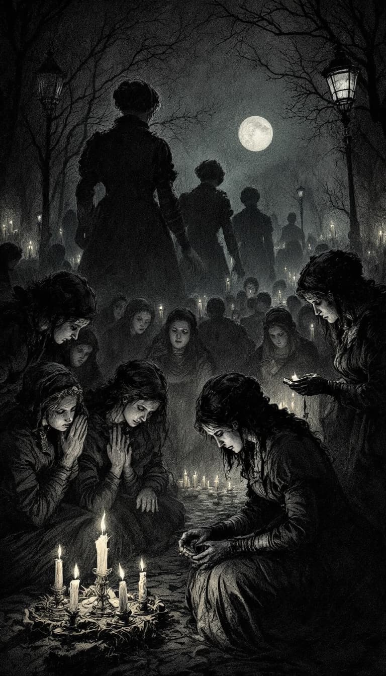 AI generated: Create an image in the style of a Victorian Penny Dreadful comic illustration of a solemn montage of...