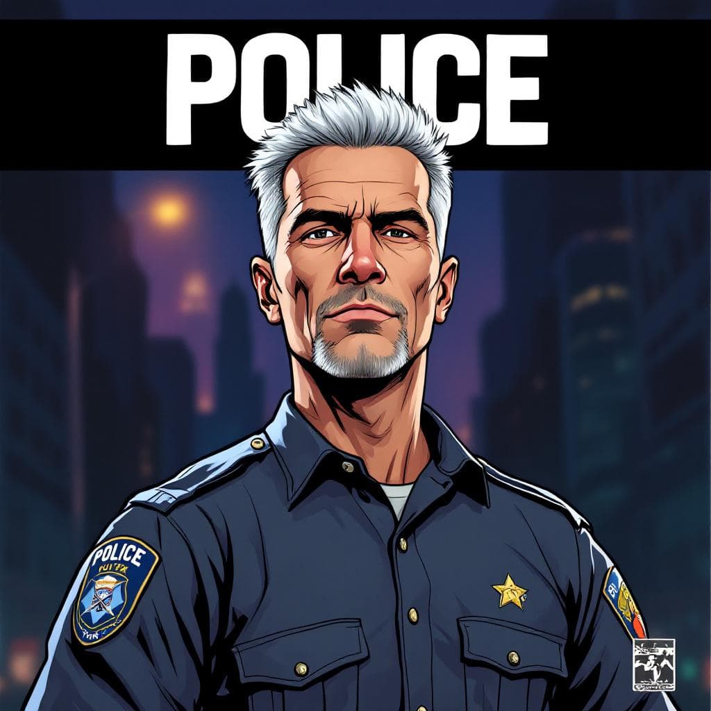 AI generated: Cartoon illustration, comic book cover featuring a handsome Caucasian man with burst-taper grey hair...