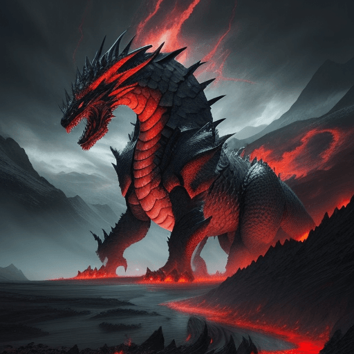 AI generated: epic landscape where a colossal dragon looms out of the stormy sky, with huge red flames comes up of...