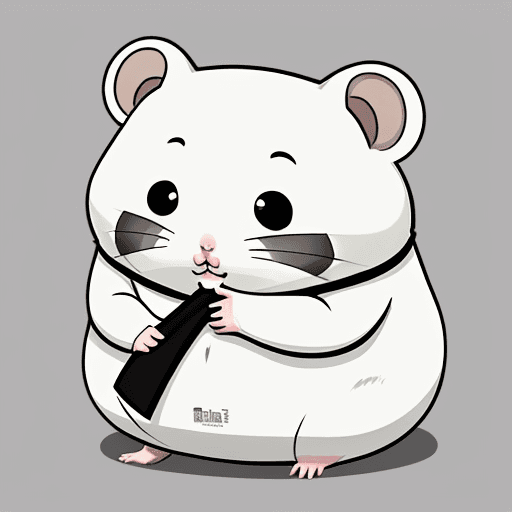 AI generated: Hamster called dream, cartoon, fat, cute, white with black fur on face mask
