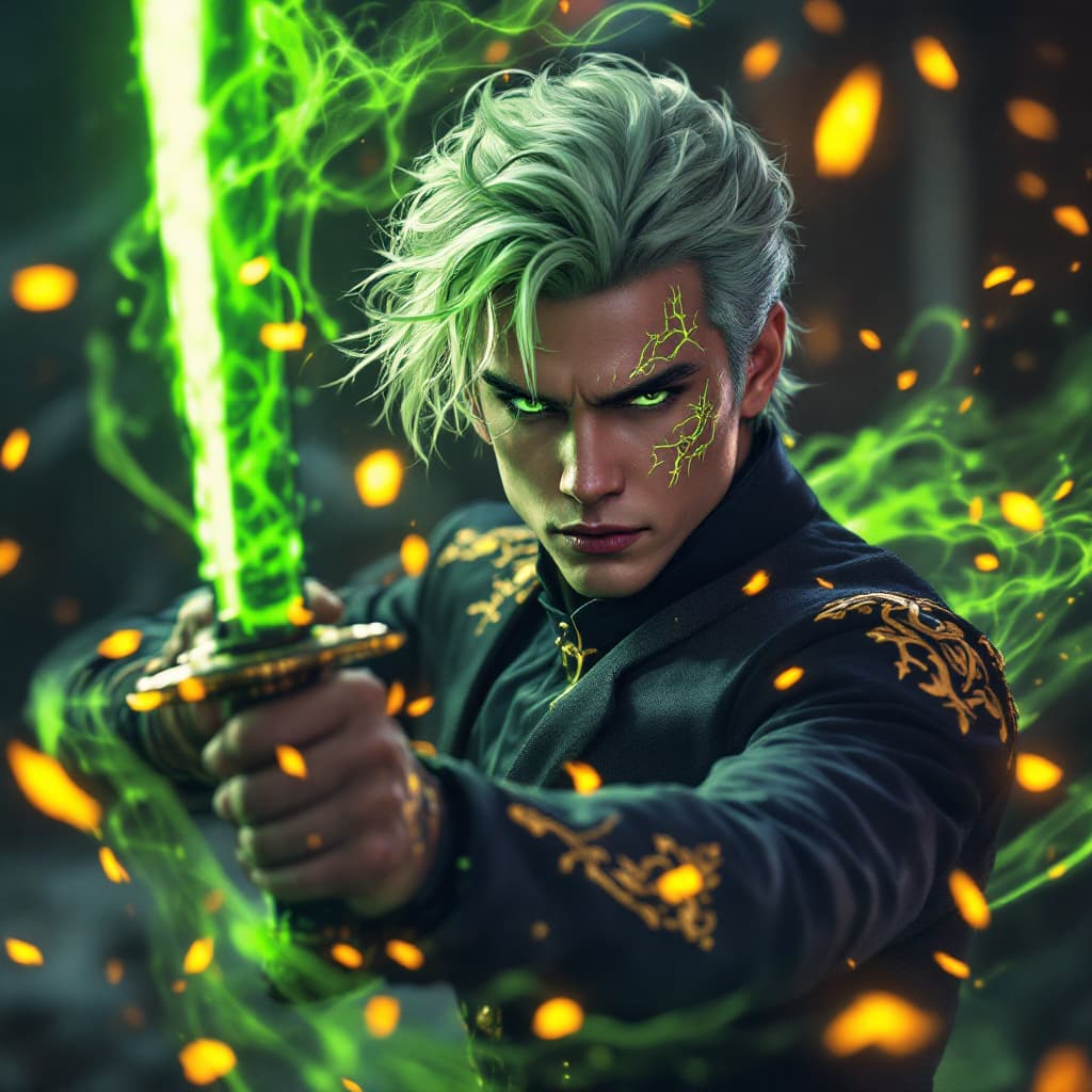 AI generated: Editorial Vivienne Tam photography of lloyd garmadon medium hair with neon green aura and gold accen...