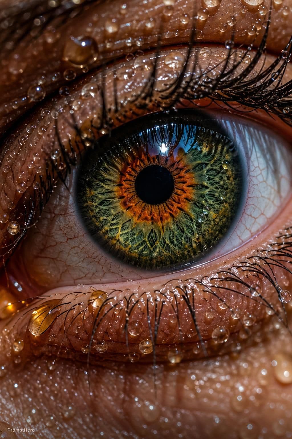 AI generated: Extreme macro close-up photograph focusing directly on a stunning, multicolored human eye. The eye f...