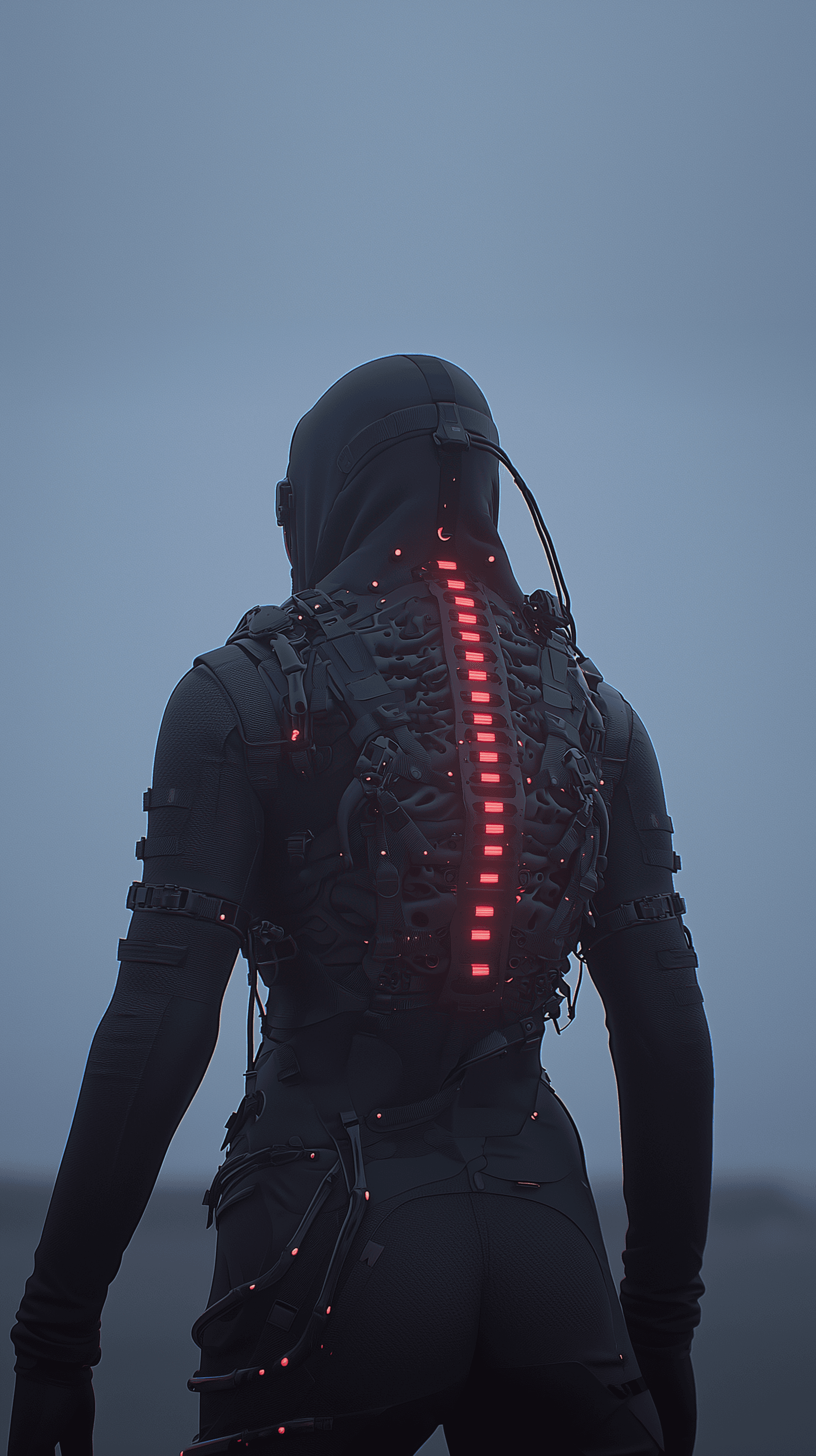 AI generated: photography, model, 45-degree angle rear view, detailed jacket, inspired by red exoskeleton, biomime...