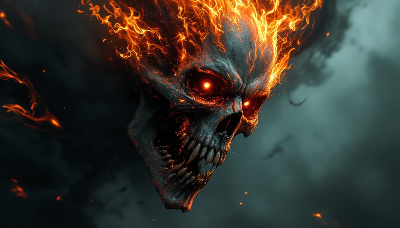 AI generated: a burning demon, skeleton face, brutal composition, gloomy, emotionally profound, horror, intense an...