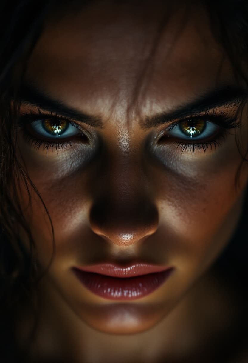 AI generated: Fierce woman with intense eyes, 3/4 turn view, dramatic lighting from below single light source, hig...