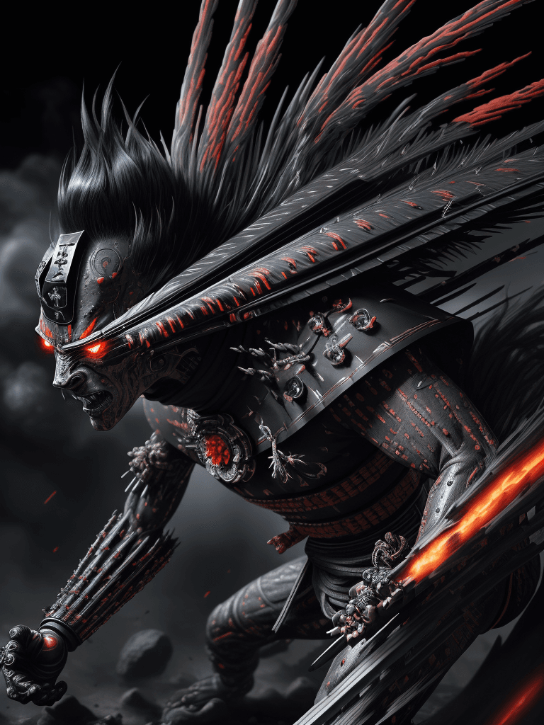 AI generated: cyborg samurai like creature in action and unleashing an attack against enemies, fw murano style, pl...