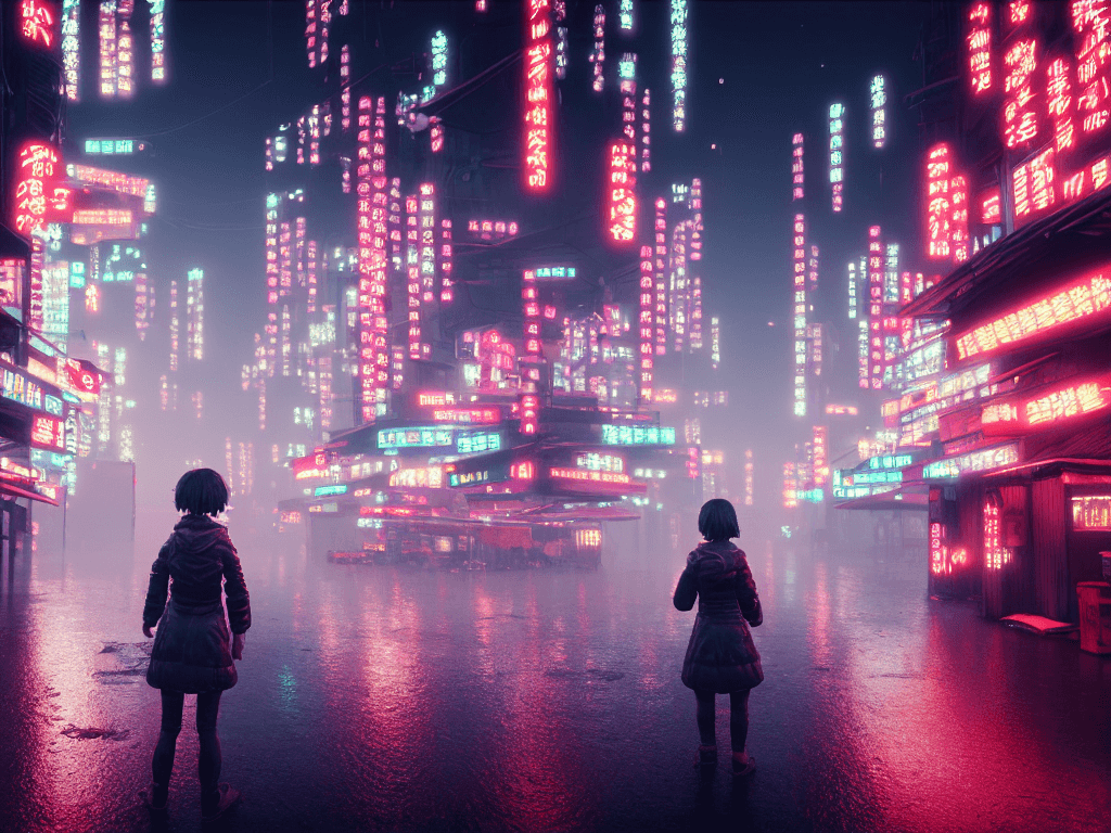 AI generated: girl in front of a market, rainy foggy cyberpunk city neo tokyo, cinematic lighting, reflections, 4k...