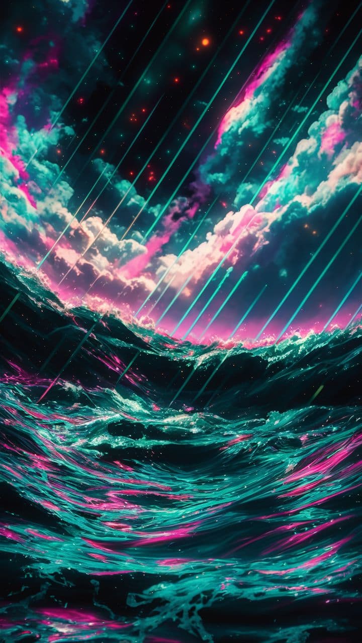 AI generated: stormy sea , rainbow particles , rays of starlight , realistic , beautiful clarity , 4k , best quali...