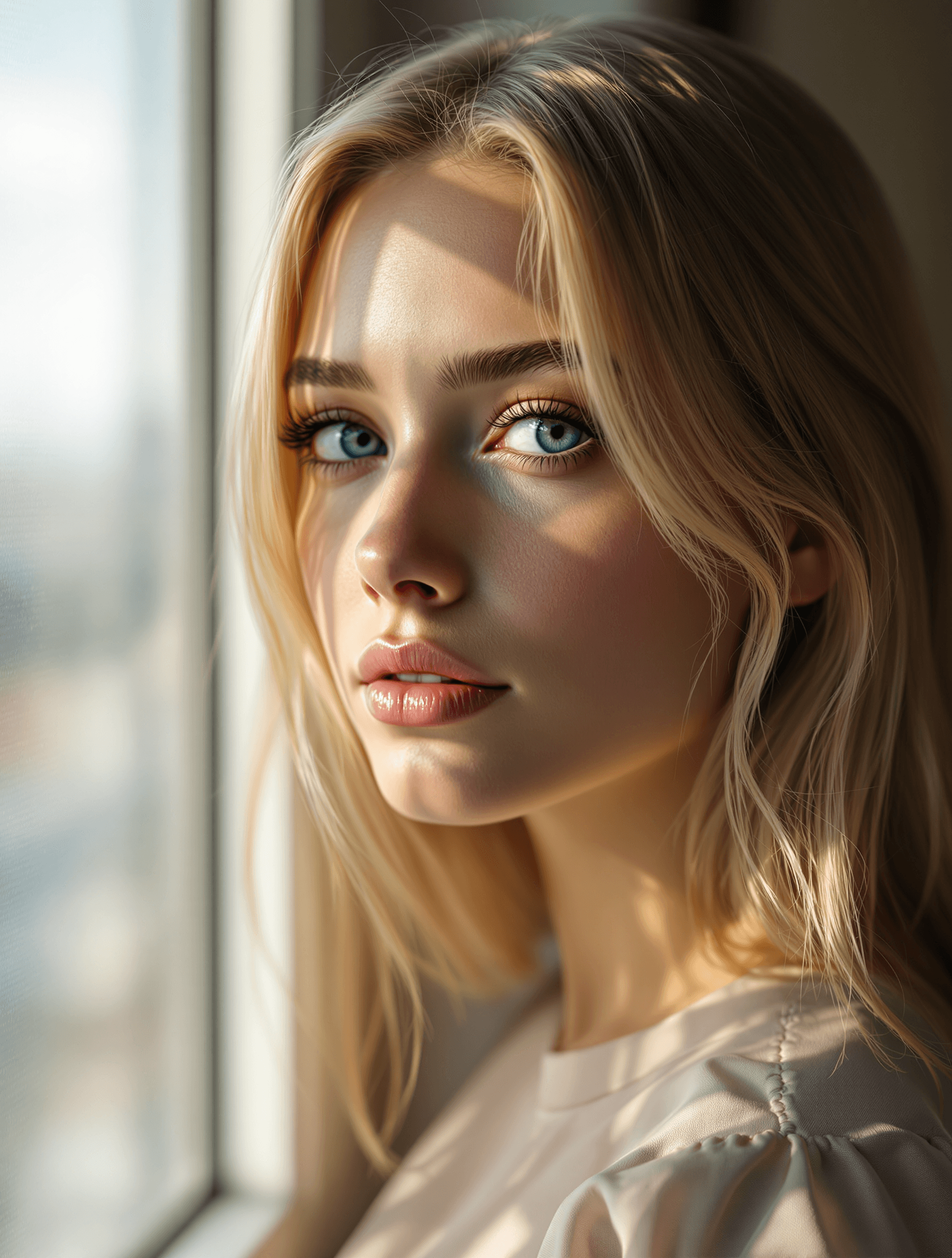 AI generated: A highly detailed, photorealistic portrait of a young Caucasian woman, captured from the shoulders u...
