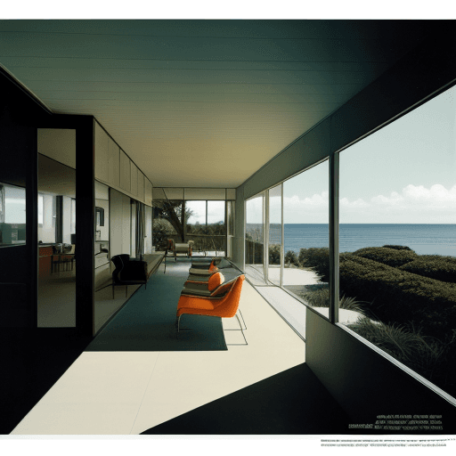 AI generated: Hyper realistic eye level exterior photo of a mid century modern style house overlooking the ocean, ...