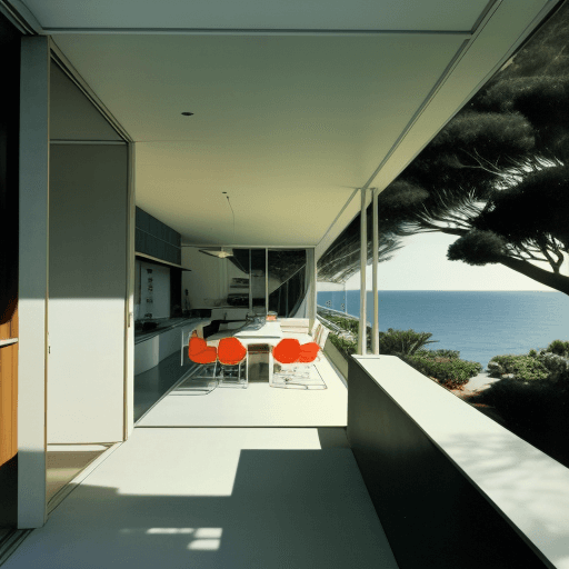 AI generated: Hyper realistic eye level exterior photo of a mid century modern style house overlooking the ocean, ...