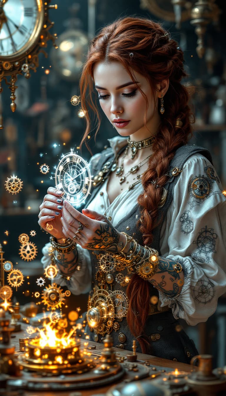 AI generated: An ultra-realistic, full-body action shot of a mesmerizing silver clockmaker, creating intricate tim...