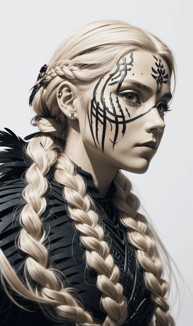 AI generated: drawing of a Viking warrior woman with braided hair, wearing war paint on her face, feathers in her ...