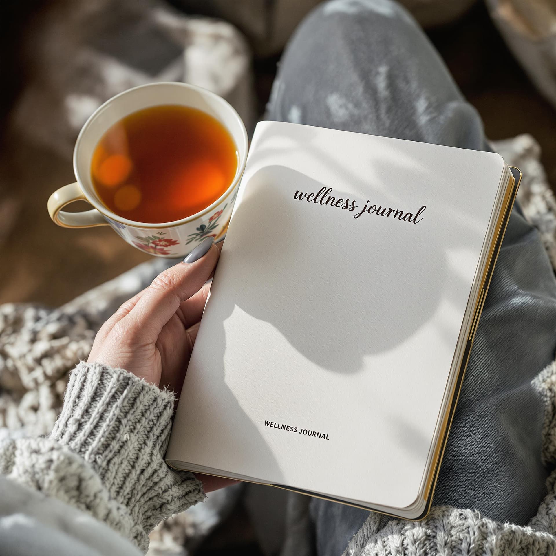 AI generated: A person holding a wellness journal with a cup of herbal tea. dslr, ultra quality, sharp focus, tack...