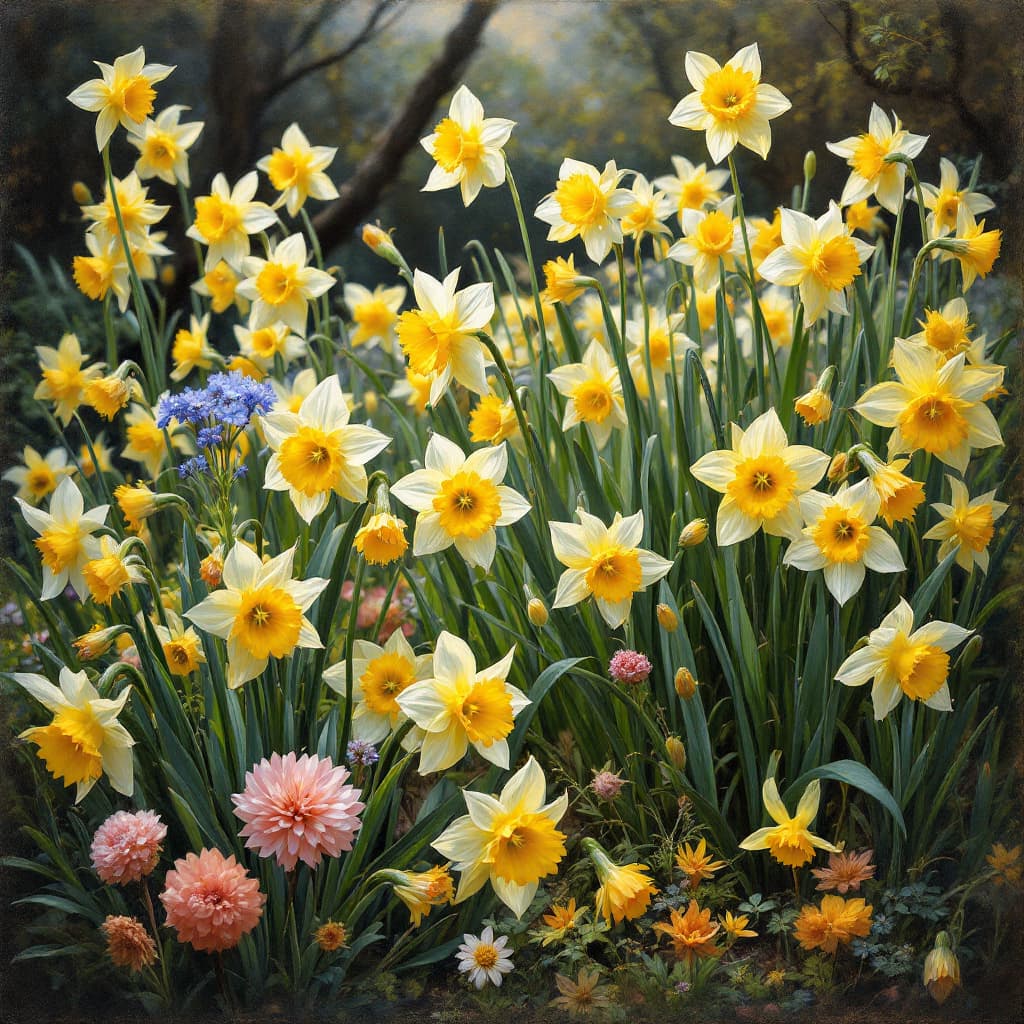 AI generated: mdjrny-v4 style, garden bursting with flowers Narcissus flowers    , Rachel Ruysch