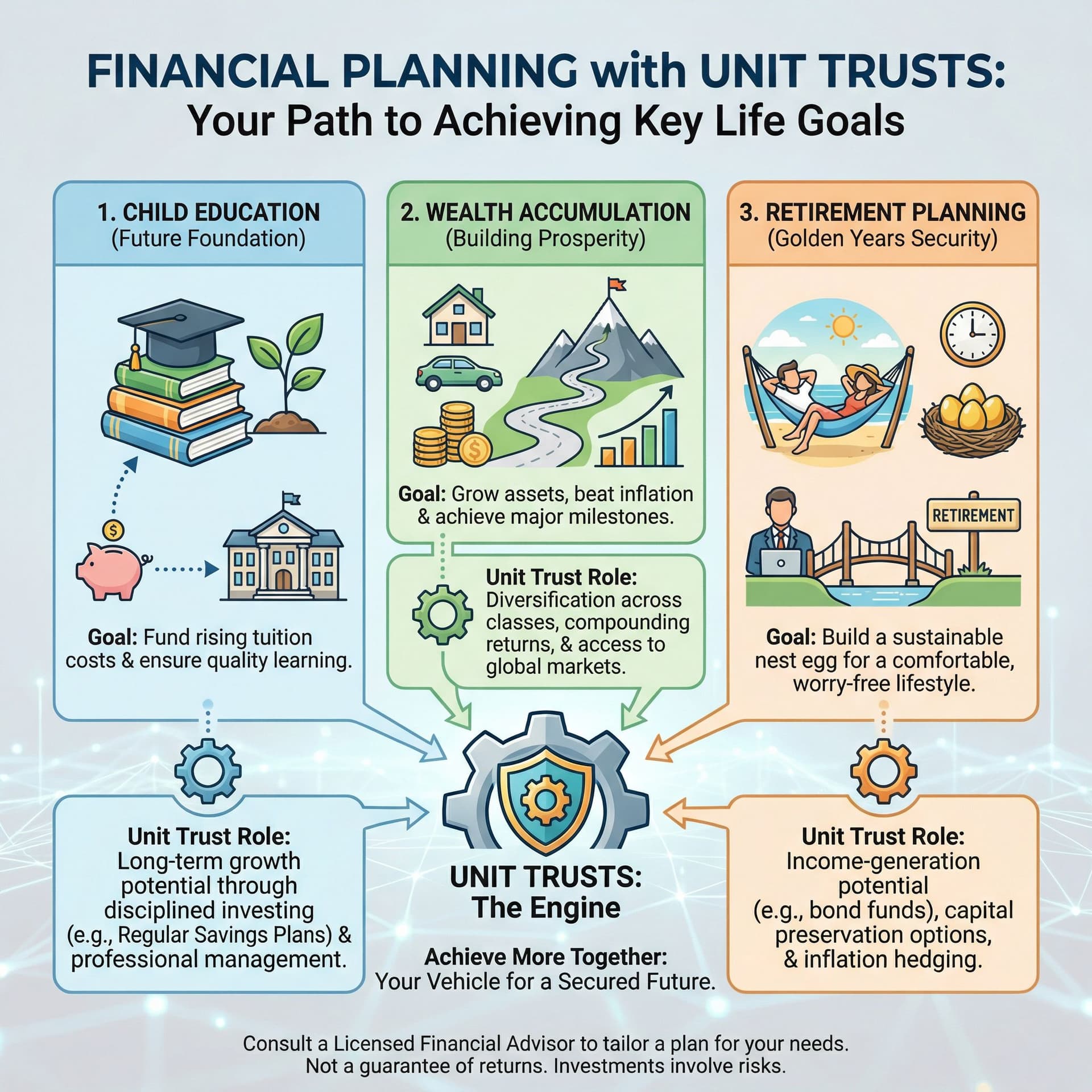 AI generated: create a sales presentation by using inforgraphic, the 3 main reasons (child education, retirement p...