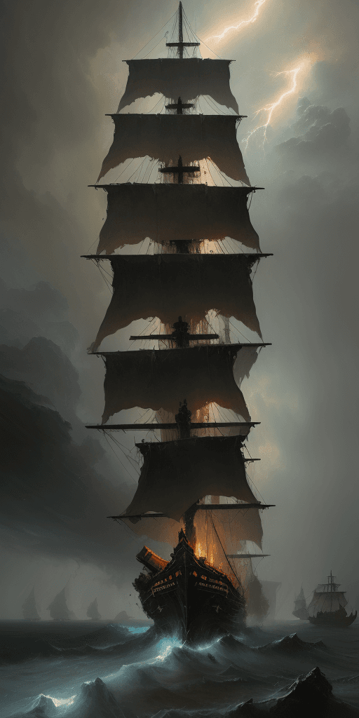 AI generated: oil painting with heavy impasto of a pirate ship, thunderstorm, cosmic horror painting, elegant intr...