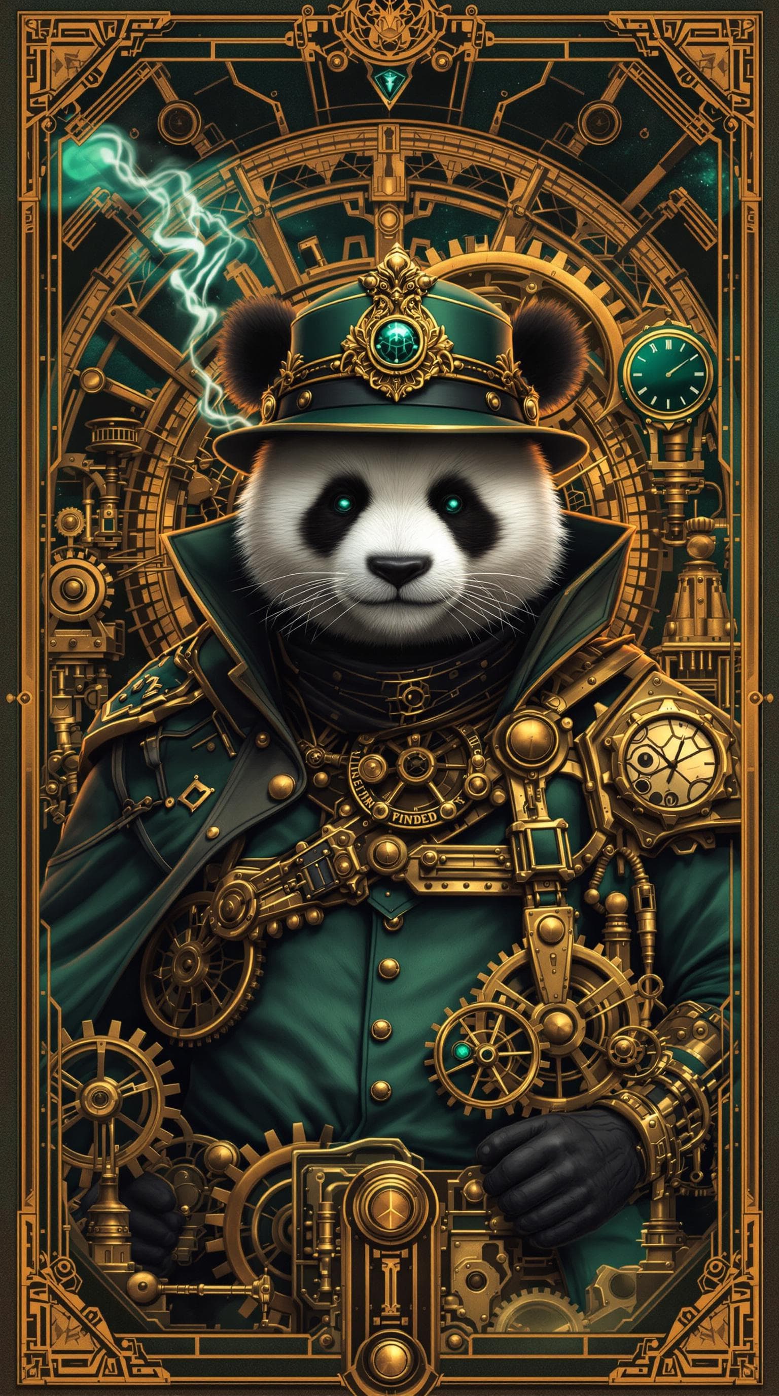 AI generated: A noble panda detective as a heroic figure, set against a backdrop of Industrial Revolution-era mach...