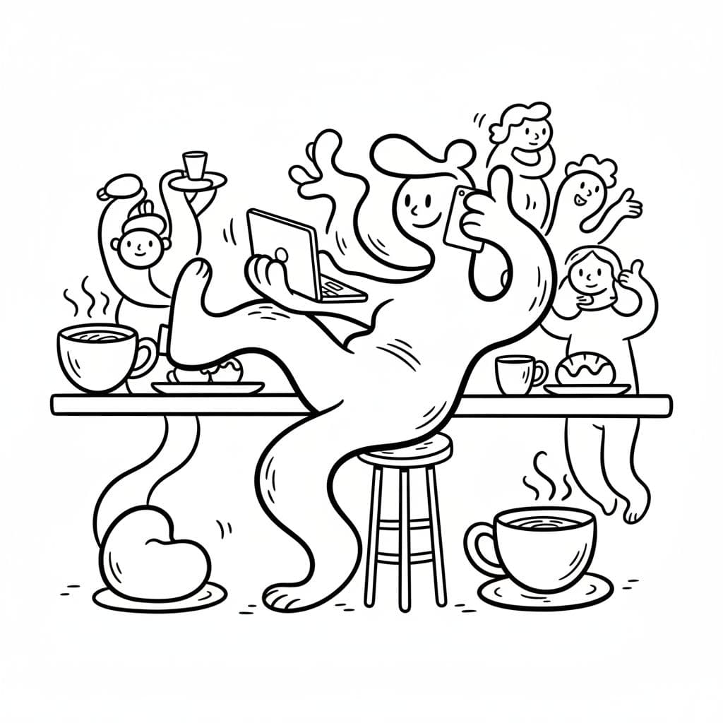 AI generated: Playful abstract black-and-white illustration of a freelancer working at coffee shop
, thick uneven...